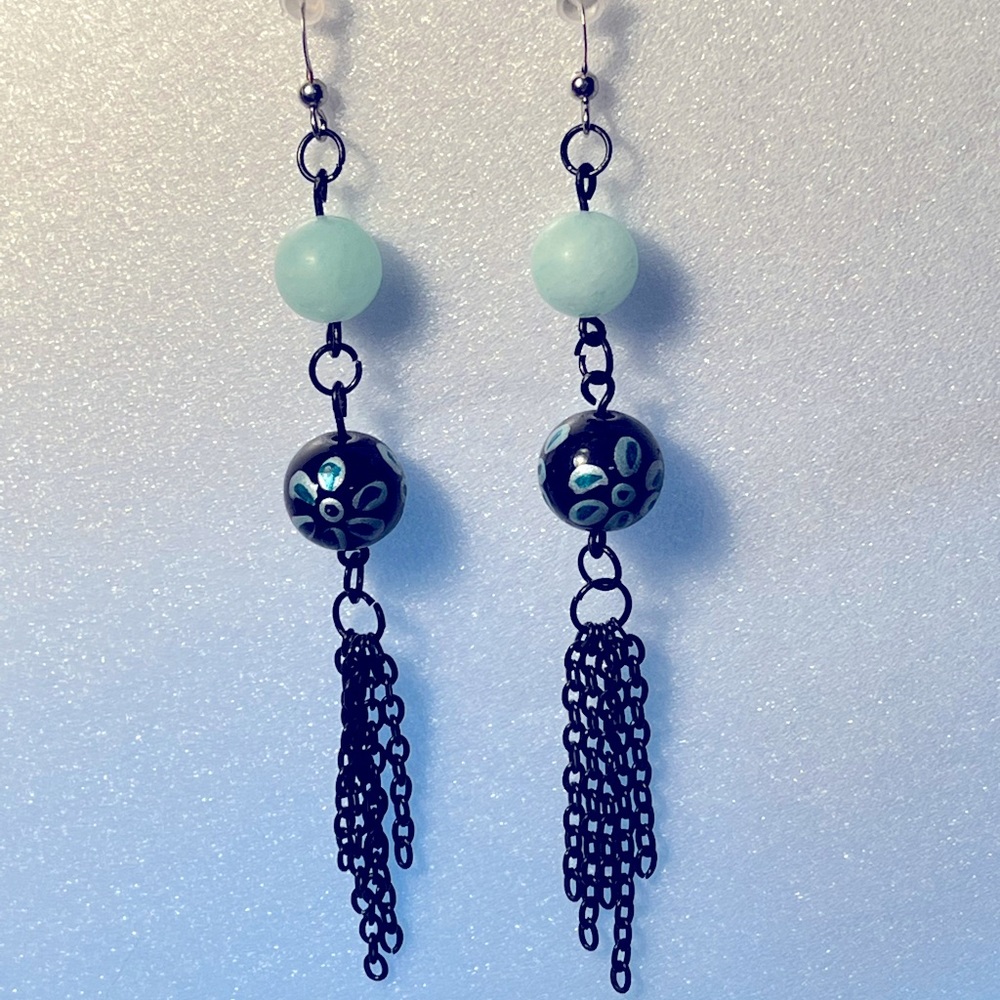 Handmade Blue flower bead and black chain detail dangle earrings